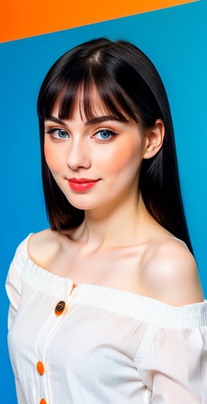 





woman, blue eyes, straight middle parted hairstyle, dark black hair, super beauty marks, pale white skin, best quality, clear texture, details, canon eos 80d photo, light makeup, (blue orange color background theme: 1.3), (pale white skin:1.1), professional coloring photo, (sexy style business woman outfit:1.1), (pale white skin:1.1), smile