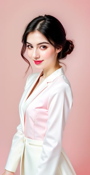 





woman, eyes, straight middle parted hairstyle, dark black hair, super beauty marks, pale white skin, best quality, clear texture, details, canon eos 80d photo, light makeup, (pink color background theme: 1.3), (pale white skin:1.1), professional coloring photo, (sexy style business woman outfit:1.1), (pale white skin:1.1), smile