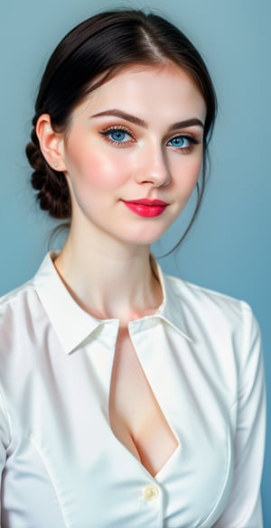 





woman, russian woman, blue eyes, straight short middle parted hairstyle, long dark black hair, super beauty marks, pale white skin, best quality, clear texture, details, canon eos 80d photo, light makeup, (blue color background theme: 1.3), (pale white skin:1.1), professional coloring photo, (sexy style business woman outfit:1.1), (pale white skin:1.1), smile