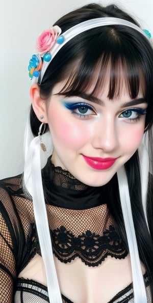 woman, beautiful face, perfect face, colorful eyes fully black hair, pale white skin, sexy marks, perfect, blue bright abstract background, shiny accessories, best quality, clear texture, details, canon eos 80d photo, very little light makeup, black fishnet and strings costume, smile