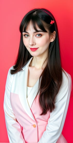 





woman, blue eyes, straight middle parted hairstyle, fully side splitted front bangs, dark black hair, super beauty marks, pale white skin, best quality, clear texture, details, canon eos 80d photo, light makeup, (red green pink color background theme: 1.3), (pale white skin:1.1), professional coloring photo, (sexy style business woman outfit:1.1), (pale white skin:1.1), smile