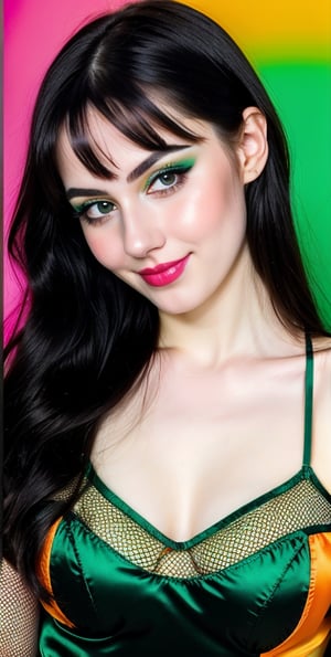 woman, beautiful face, perfect face, colorful eyes fully black hair, pale white skin, sexy marks, perfect, green bright orange abstract background, shiny accessories, best quality, clear texture, details, canon eos 80d photo, very little light makeup, black fishnet and strings costume, smile, upper body, small chest