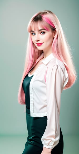 





woman, blue eyes, straight middle parted hairstyle, fully side splitted front bangs, dark black hair, super beauty marks, pale white skin, best quality, clear texture, details, canon eos 80d photo, light makeup, (red green pink color background theme: 1.3), (pale white skin:1.1), professional coloring photo, (sexy style business woman outfit:1.1), (pale white skin:1.1), smile