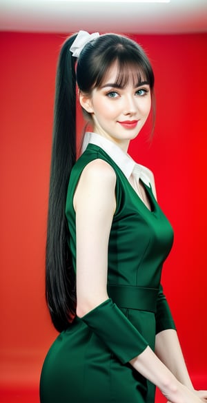 





woman, blue eyes, straight middle parted hairstyle, long ponytail front side bangs, dark black hair, super beauty marks, pale white skin, best quality, clear texture, details, canon eos 80d photo, light makeup, (green red color background theme: 1.3), (pale white skin:1.1), professional coloring photo, (sexy style business woman outfit:1.1), (pale white skin:1.1), smile