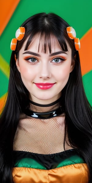 woman, beautiful face, perfect face, colorful eyes fully black hair, pale white skin, sexy marks, perfect, green bright orange abstract background, shiny accessories, best quality, clear texture, details, canon eos 80d photo, very little light makeup, black fishnet and strings costume, smile, upper body, small chest
