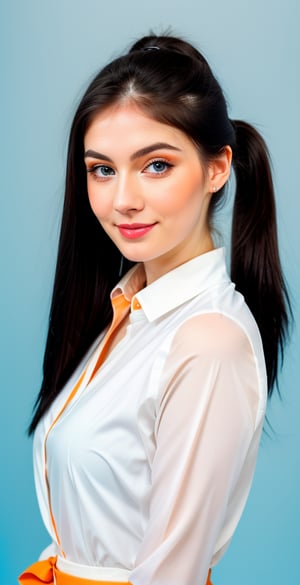 





woman, blue eyes, straight middle parted hairstyle, ponytail, dark black hair, super beauty marks, pale white skin, best quality, clear texture, details, canon eos 80d photo, light makeup, (blue orange color background theme: 1.3), (pale white skin:1.1), professional coloring photo, (sexy style business woman outfit:1.1), (pale white skin:1.1), smile