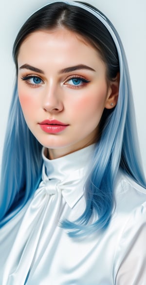 russian woman, beautiful face perfect face, blue pretty eyes, black hair, super straight long middle parted hairstyle, pale white skin, sexy marks, perfect, fully white abstract background, shiny golden accessories, best quality, clear texture, details, canon eos 80d photo, light makeup, blue theme, (blue-background: 1.1), exposed formal woman business suit, clear footage