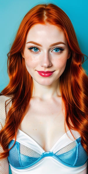 woman, beautiful face, perfect face, colorful eyes fully redhead ginger hair, pale white skin, sexy marks, perfect, blue bright abstract background, shiny accessories, best quality, clear texture, details, canon eos 80d photo, very little light makeup, black fishnet and strings costume, smile