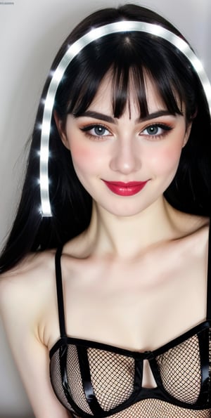 woman, beautiful face, perfect face, colorful eyes fully black hair, pale white skin, sexy marks, perfect, black bright white abstract background, shiny accessories, best quality, clear texture, details, canon eos 80d photo, very little light makeup, black fishnet and strings costume, smile, upper body, small chest