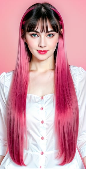 





woman, blue eyes, straight middle parted hairstyle, fully side directed bangs, dark black hair, super beauty marks, pale white skin, best quality, clear texture, details, canon eos 80d photo, light makeup, (pink red color background theme: 1.3), (pale white skin:1.1), professional coloring photo, (sexy style business woman outfit:1.1), (pale white skin:1.1), smile