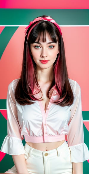 





woman, blue eyes, straight middle parted hairstyle, fully side splitted front bangs, dark black hair, super beauty marks, pale white skin, best quality, clear texture, details, canon eos 80d photo, light makeup, (red green pink color background theme: 1.3), (pale white skin:1.1), professional coloring photo, (sexy style business woman outfit:1.1), (pale white skin:1.1), smile