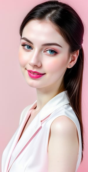 





woman, blue eyes, straight middle parted hairstyle, dark black hair, super beauty marks, pale white skin, best quality, clear texture, details, canon eos 80d photo, light makeup, (pink color background theme: 1.3), (pale white skin:1.1), professional coloring photo, (sexy style business woman outfit:1.1), (pale white skin:1.1), smile