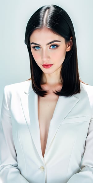 woman, beautiful face perfect face, blue pretty eyes, black hair, super straight long middle parted hairstyle, pale white skin, sexy marks, perfect, fully white abstract background, shiny golden accessories, best quality, clear texture, details, canon eos 80d photo, light makeup, blue theme, (blue-background: 1.1), exposed formal woman business suit, clear fotage, cross arms