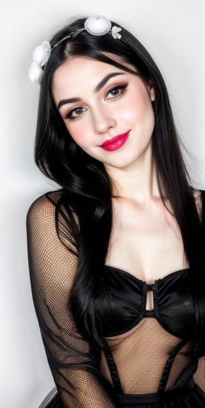 woman, beautiful face, perfect face, colorful eyes fully black hair, pale white skin, sexy marks, perfect, black bright white abstract background, shiny accessories, best quality, clear texture, details, canon eos 80d photo, very little light makeup, black fishnet and strings costume, smile, upper body, small chest