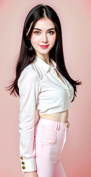 





woman, green eyes, straight middle parted hairstyle, dark black hair, super beauty marks, pale white skin, best quality, clear texture, details, canon eos 80d photo, light makeup, (pink color background theme: 1.3), (pale white skin:1.1), professional coloring photo, (sexy style business woman outfit:1.1), (pale white skin:1.1), smile