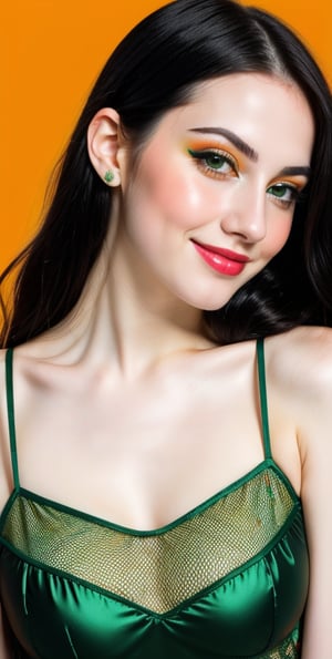 woman, beautiful face, perfect face, colorful eyes fully black hair, pale white skin, sexy marks, perfect, green bright orange abstract background, shiny accessories, best quality, clear texture, details, canon eos 80d photo, very little light makeup, black fishnet and strings costume, smile, upper body, small chest