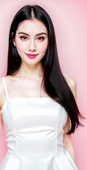 





woman, eyes, straight middle parted hairstyle, dark black hair, super beauty marks, pale white skin, best quality, clear texture, details, canon eos 80d photo, light makeup, (pink color background theme: 1.3), (pale white skin:1.1), professional coloring photo, (sexy style business woman outfit:1.1), (pale white skin:1.1), smile