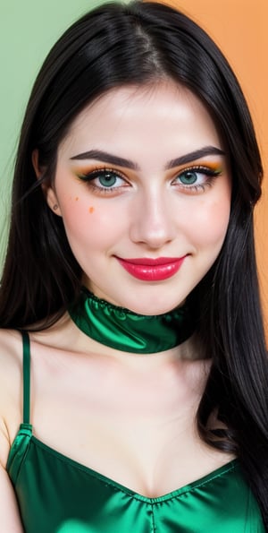 woman, beautiful face, perfect face, colorful eyes fully black hair, pale white skin, sexy marks, perfect, green bright orange abstract background, shiny accessories, best quality, clear texture, details, canon eos 80d photo, very little light makeup, black fishnet and strings costume, smile, upper body, small chest