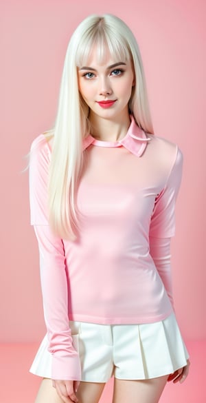 





woman, blue eyes, straight middle parted hairstyle, fully side directed bangs, dark black hair, super beauty marks, pale white skin, best quality, clear texture, details, canon eos 80d photo, light makeup, (pink red color background theme: 1.3), (pale white skin:1.1), professional coloring photo, (sexy style business woman outfit:1.1), (pale white skin:1.1), smile