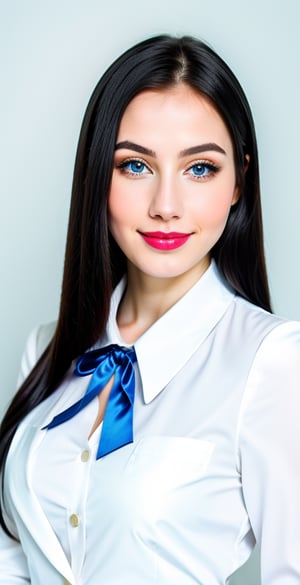 woman, beautiful face perfect face, blue pretty eyes, black hair, super straight long middle parted hairstyle, pale white skin, sexy marks, perfect, fully white abstract background, shiny golden accessories, best quality, clear texture, details, canon eos 80d photo, light makeup, blue theme, (blue-background: 1.1), exposed formal woman business suit, smile and happy, clear fotage