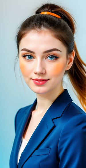 





woman, blue eyes, straight middle parted hairstyle, ponytail, dark black hair, super beauty marks, pale white skin, best quality, clear texture, details, canon eos 80d photo, light makeup, (blue orange color background theme: 1.3), (pale white skin:1.1), professional coloring photo, (sexy style business woman outfit:1.1), (pale white skin:1.1), smile