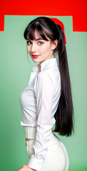 





woman, blue eyes, straight middle parted hairstyle, long ponytail front side bangs, dark black hair, super beauty marks, pale white skin, best quality, clear texture, details, canon eos 80d photo, light makeup, (green red color background theme: 1.3), (pale white skin:1.1), professional coloring photo, (sexy style business woman outfit:1.1), (pale white skin:1.1), smile