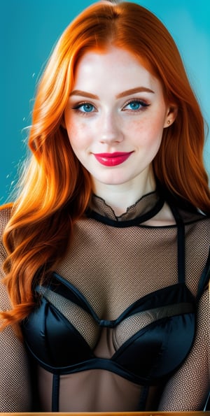 woman, beautiful face, perfect face, colorful eyes fully redhead ginger hair, pale white skin, sexy marks, perfect, blue bright abstract background, shiny accessories, best quality, clear texture, details, canon eos 80d photo, very little light makeup, black fishnet and strings costume, smile