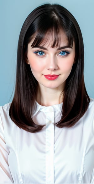 





woman, russian woman, blue eyes, straight short middle parted hairstyle, long dark black hair, super beauty marks, pale white skin, best quality, clear texture, details, canon eos 80d photo, light makeup, (blue color background theme: 1.3), (pale white skin:1.1), professional coloring photo, (sexy style business woman outfit:1.1), (pale white skin:1.1), smile