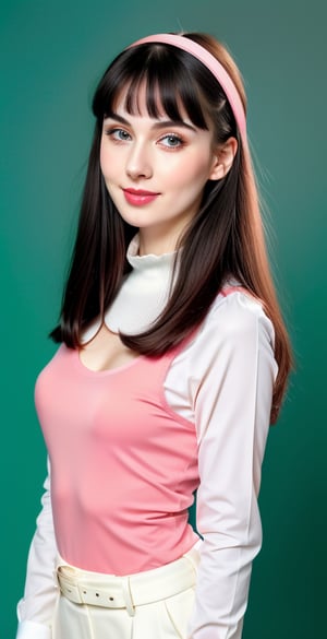 





woman, blue eyes, straight middle parted hairstyle, fully side splitted front bangs, dark black hair, super beauty marks, pale white skin, best quality, clear texture, details, canon eos 80d photo, light makeup, (red green pink color background theme: 1.3), (pale white skin:1.1), professional coloring photo, (sexy style business woman outfit:1.1), (pale white skin:1.1), smile