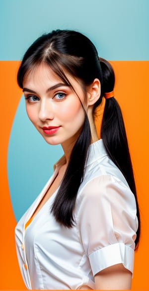 





woman, blue eyes, straight middle parted hairstyle, ponytail, dark black hair, super beauty marks, pale white skin, best quality, clear texture, details, canon eos 80d photo, light makeup, (blue orange color background theme: 1.3), (pale white skin:1.1), professional coloring photo, (sexy style business woman outfit:1.1), (pale white skin:1.1), smile