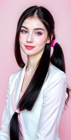 





woman, eyes, straight middle parted hairstyle, ponytail, dark black hair, super beauty marks, pale white skin, best quality, clear texture, details, canon eos 80d photo, light makeup, (blue pink color background theme: 1.3), (pale white skin:1.1), professional coloring photo, (sexy style business woman outfit:1.1), (pale white skin:1.1), smile