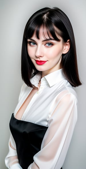 





woman, russian woman, blue eyes, straight short middle parted hairstyle, long dark black hair, super beauty marks, pale white skin, best quality, clear texture, details, canon eos 80d photo, light makeup, (dark black color background theme: 1.1), (pale white skin:1.1), professional coloring photo, (sexy style business woman outfit:1.1), (pale white skin:1.1), smile