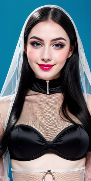 woman, beautiful face, perfect face, colorful eyes fully black hair, pale white skin, sexy marks, perfect, blue bright abstract background, shiny accessories, best quality, clear texture, details, canon eos 80d photo, very little light makeup, black fishnet and strings costume, smile, upper body