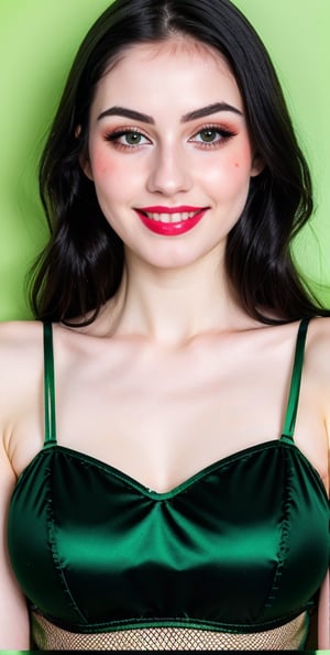 woman, beautiful face, perfect face, colorful eyes fully black hair, pale white skin, sexy marks, perfect, green bright red abstract background, shiny accessories, best quality, clear texture, details, canon eos 80d photo, very little light makeup, black fishnet and strings costume, smile, upper body, small chest