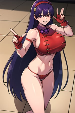 ((masterpiece,best quality)), absurdres,, Athena_Asamiya,solo, smiling, looking at viewer, cowboy shot,cinematic composition, dynamic pose,Athena_Asamiya , absurdly long hair, floor-length hair,Chronoa_LongHair,Hair over eyes, absurdly long hair, floor-length hair , red bikini , super big breast