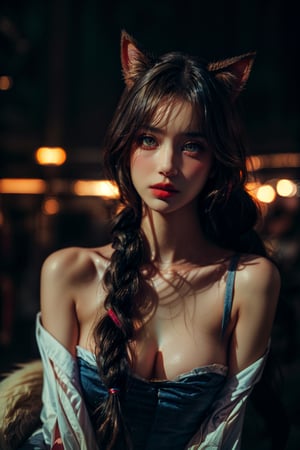 1girl, (ultra realistic, absurdres:1.2) (8k, RAW photo, best quality, masterpiece:1.2), depth of field, (realistic, photo-realistic:1.5) (professional lighting:1.4), ((kinetic light:1.4) (cinematic action:1.2), young and beautiful female model, 22 years old, (moody expression), smooth soft skin, perfect face, smooth soft skin, [Natasha Liu Bordizzo|Lucy Hale|Sasha Calle|Chloe Bennet], beautiful super model, buxom, (fit), graceful, finely detailed beautiful face, finely detailed beautiful heterochromia eyes, (vibrant), kind, wise, brilliant, artistic color palette, color grading, Detailed lon hair braid), hair braid, (Cat ears), ((9 fox-tailed)), include tail, must have tail, beautiful, glamour, sexy, cute, (Detailed eyes, blue eyes), dynamic lighting, Extremely detailed, high detail, beautiful bar room background, night club of under city background, full body, standing, image size 9:16, wide angle, perfecteyes, zzenny_n,perfecteyes, ah1