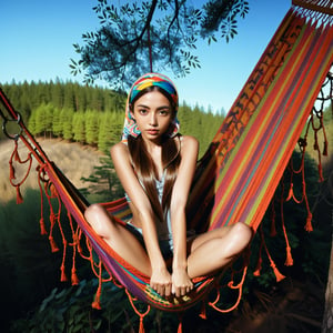 Realistic 16K resolution photography of in deep forest, 1girl with an exquisite face and colorful headscarf, sitting on colorful  hammock suspended from two trees,
break,
1 girl, Exquisitely perfect symmetric very gorgeous face, Exquisite delicate crystal clear skin, Detailed beautiful delicate eyes, perfect slim body shape, slender and beautiful fingers, legs, perfect hands, legs, illuminated by film grain, realistic style, realistic skin texture, dramatic lighting, soft lighting, exaggerated perspective of ((Wide-angle lens depth)), extreme detail description,