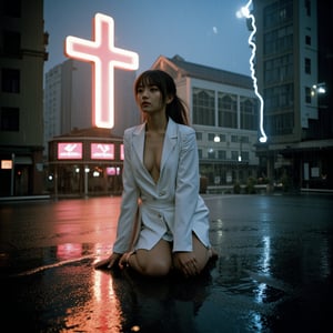 ((Realistic 8K resolution, RAW, extreme detail description)) photography of 1girl, Wearing a white suit, he knelt on the rain-soaked street, with huge neon cross floating in the air and damaged and deserted Cyberpunk Church behind her.
break, 
1girl, floating hair, Exquisitely perfect symmetric very gorgeous face, Exquisite delicate crystal clear skin, Detailed beautiful delicate eyes, perfect slim body shape, slender and beautiful fingers, legs, perfect hands, legs, illuminated by film grain, realistic style, realistic skin texture, dramatic lighting, soft lighting, exaggerated perspective of ((Wide-angle lens depth)),