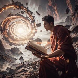 Epic realistic 32K resolution scene captured dramatic and dynamic view with a wide-angle lens, illuminated by dramatic lighting, soft lighting. In deep montain, a monk reading heavy book, displaying exaggerated posture and movement. destroyed debris floating in the air. Glowing ancient scripts vortexing around him.