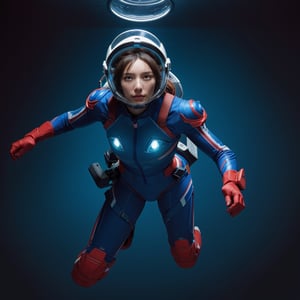 Realistic high resolution red blue tone photography of 1girl wearing tight space suite, helmet, floating in the air, transparent background, 
break, 
1 girl, Exquisitely perfect symmetric very gorgeous face, Exquisite delicate crystal clear skin, Detailed beautiful delicate eyes, perfect slim body shape, slender and beautiful fingers, legs, perfect hands, legs, illuminated by film grain, realistic style, realistic skin texture, dramatic lighting, soft lighting, exaggerated perspective of ((Wide-angle lens depth)),