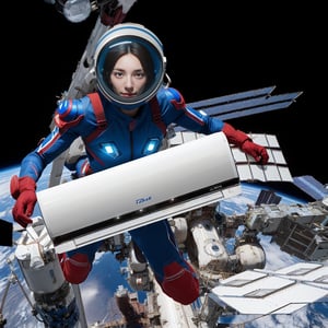 Realistic high resolution red blue tone photography of 1girl wearing tight space suite, helmet, holding air conditioner, floating in space in front of space station,  
break, 
1 girl, Exquisitely perfect symmetric very gorgeous face, Exquisite delicate crystal clear skin, Detailed beautiful delicate eyes, perfect slim body shape, slender and beautiful fingers, legs, perfect hands, legs, illuminated by film grain, realistic style, realistic skin texture, dramatic lighting, soft lighting, exaggerated perspective of ((Wide-angle lens depth)),