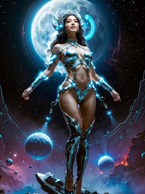 Realistic 16K resolution pale tone photography of 1 girl, wearing intricate high-tech bodysuit covering her entire body with biomechanical style, intricate mechanical details, glowing cybernetic enhancements,, battle pose, in outer space, in front of moon deity and nebulae, space ships from far behind,
break, 
1 girl, full body shot, Exquisitely perfect symmetric very gorgeous face, Exquisite delicate crystal clear skin, Detailed beautiful delicate eyes, perfect slim body shape, slender and beautiful fingers, legs, perfect hands, legs, illuminated by film grain, realistic style, realistic skin texture, dramatic lighting, soft lighting, exaggerated perspective of ((Wide-angle lens depth)), Fantasy, extreme detail description, frank frazetta style, 80s fantasy movie style,