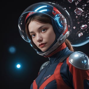 Realistic high resolution red blue tone photography of 1girl wearing tight space suite, helmet, floating in the air, transparent background, 
break, 
1 girl, Exquisitely perfect symmetric very gorgeous face, Exquisite delicate crystal clear skin, Detailed beautiful delicate eyes, perfect slim body shape, slender and beautiful fingers, legs, perfect hands, legs, illuminated by film grain, realistic style, realistic skin texture, dramatic lighting, soft lighting, exaggerated perspective of ((Wide-angle lens depth)),