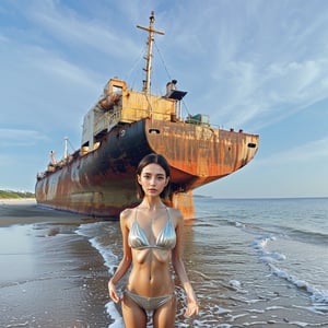 Realistic 16K resolution photography of 1 girl, Sexy poses on the beach, in front of a beached oil tanker,
break,
1 girl, Exquisitely perfect symmetric very gorgeous face, Exquisite delicate crystal clear skin, Detailed beautiful delicate eyes, perfect slim body shape, slender and beautiful fingers, legs, perfect hands, legs, illuminated by film grain, realistic style, realistic skin texture, dramatic lighting, soft lighting, exaggerated perspective of ((Wide-angle lens depth)), extreme detail description,