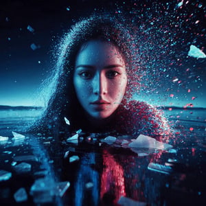 Realistic 16K resolution blue-red tone photography of 1 girl with beauty face created by colorful dotted particles with a mesmerizing digital or pixelated effect, standing in dark on frozen lake, with shattered ice debris vortexing and floating into shade around her,
break,
1 girl, Exquisitely perfect symmetric very gorgeous face, Exquisite delicate crystal clear skin, Detailed beautiful delicate eyes, perfect slim body shape, slender and beautiful fingers, nice hands, perfect hands, illuminated by film grain, Stippling style, dramatic lighting, soft lighting, motion blur, exaggerated perspective of ((Wide-angle lens depth)),