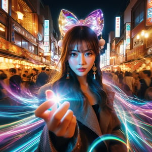 Realistic 16K resolution photography of a stunning girl in trendy attire angrily waves her sceptre, surrounded by vivid flow effects. Enhance the refraction overlay for vibrancy and extend it across the scene. Sharpen the light lens prism effect for clearer color splits and bright highlights. Deepen the holographic reflections for a relistic look. Brighten the diffused colors, n Osaka at night market,
break,
1 girl, Exquisitely perfect symmetric very gorgeous face, Exquisite delicate crystal clear skin, Detailed beautiful delicate eyes, perfect slim body shape, slender and beautiful fingers, nice hands, perfect hands, illuminated by film grain, realistic skin, dramatic lighting, soft lighting, realistic texture, exaggerated perspective of ((Wide-angle lens depth)).,hinaigirl,Wonder of Beauty,Enhanced All