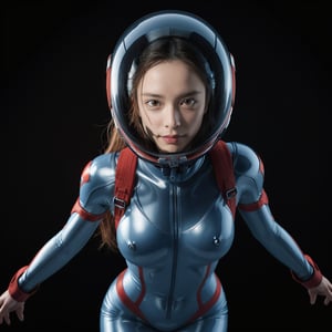 Realistic high resolution red blue tone photography of 1girl wearing tight space suite, helmet, floating in the air, transparent background, 
break, 
1 girl, Exquisitely perfect symmetric very gorgeous face, Exquisite delicate crystal clear skin, Detailed beautiful delicate eyes, perfect slim body shape, slender and beautiful fingers, legs, perfect hands, legs, illuminated by film grain, realistic style, realistic skin texture, dramatic lighting, soft lighting, exaggerated perspective of ((Wide-angle lens depth)),