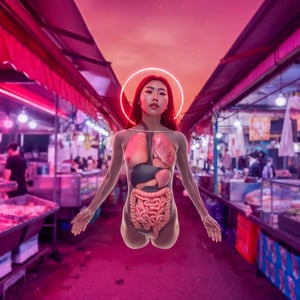 ((Realistic 8K resolution, RAW, extreme detail description)) taken from the bottom up, at ground level photography of full body shot of a young, attractive Asian woman floats in the air, her face surrounded by a glowing halo of red neon lights. There are no bones under her neck, but instead a series of realistic organs, including a spleen, pancreas, kidneys, liver, intestines and extended intestinal structures. dark theme, at city street, near beach.illuminated by film grain, realistic style, realistic skin texture, dramatic lighting, soft lighting, exaggerated perspective of ((Wide-angle lens depth)),