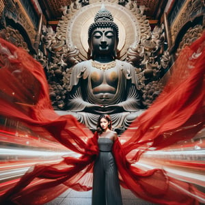 Realistic 8K resolution photography of multiple exposure photography featuring red and white silks with extreme motion blur and twisted speed lines,  A girl wearing fashionable outfit in front of intricately detailed black and gold Ksitigarbha Bodhisattva statue, in Tokyo.
break,
1 girl, Exquisitely perfect symmetric very gorgeous face, Exquisite delicate crystal clear skin, Detailed beautiful delicate eyes, perfect slim body shape, slender and beautiful fingers, nice hands, perfect hands, illuminated by film grain, realistic skin, dramatic lighting, soft lighting, realistic texture, exaggerated perspective of ((Wide-angle lens depth)).,hinaigirl,Enhanced All