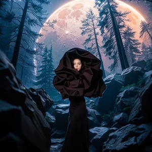 ((Realistic 16K resolution, RAW, extreme detail description)) photography of in deep forest valley, 1girl standing in middle of valley, surround by rocks, giant moon in the sky,
break, 
1girl, Exquisitely perfect symmetric very gorgeous face, Exquisite delicate crystal clear skin, Detailed beautiful delicate eyes, perfect slim body shape, slender and beautiful fingers, legs, perfect hands, legs, illuminated by film grain, realistic style, realistic skin texture, dramatic lighting, soft lighting, exaggerated perspective of Wide-angle lens depth,